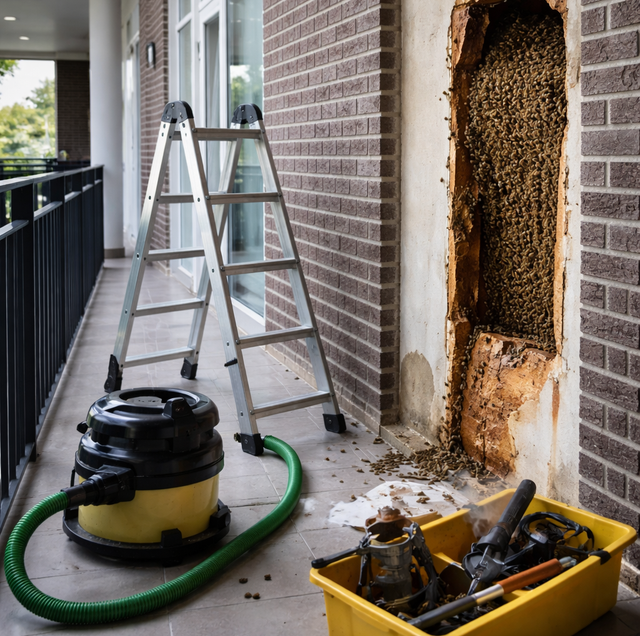 apartment balcony rail bee swarm dark cluster