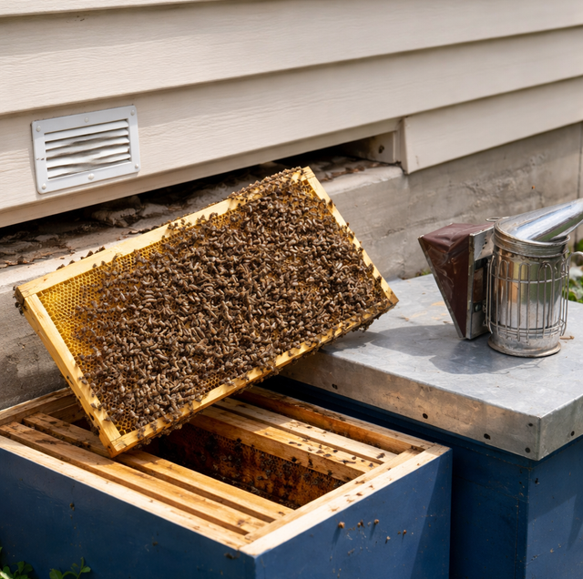 Technician reading house siding before bee inspection
