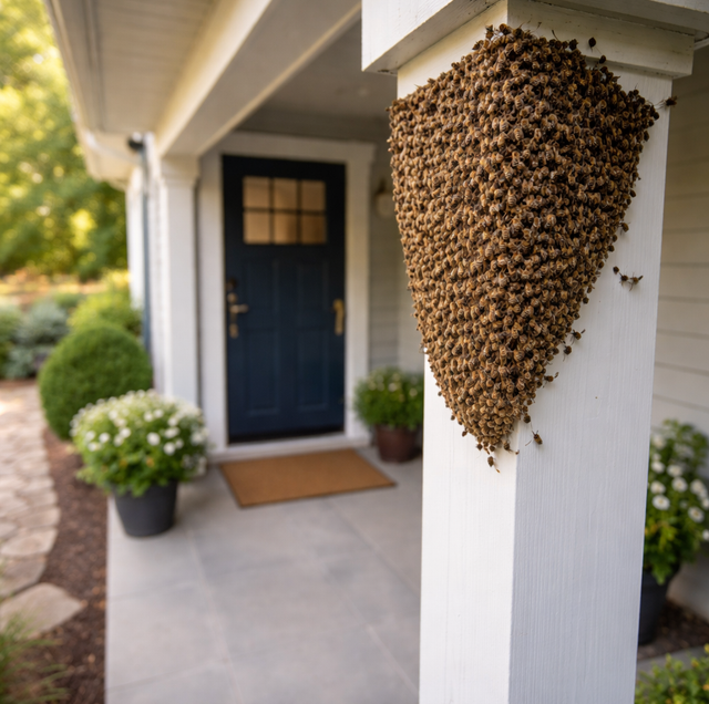 bee swarm clustered on porch post near doorway