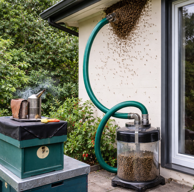 beekeeper examining wall cavity bees near house fascia