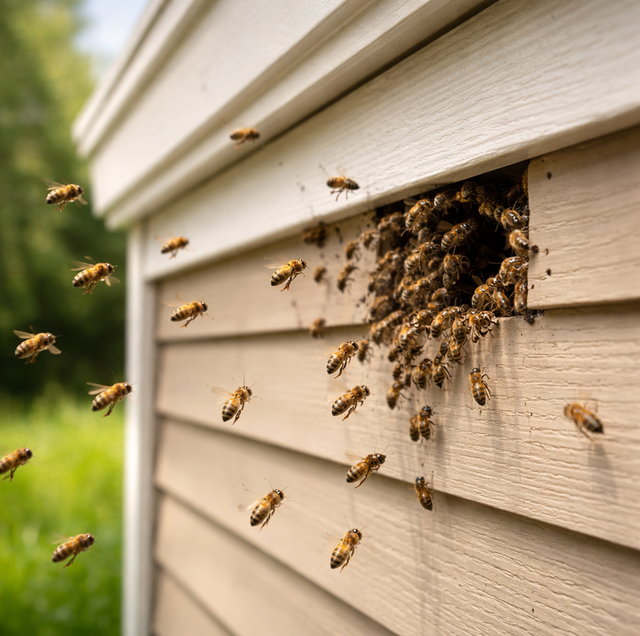 beekeeper inspecting bee swarm at wooden house eaves