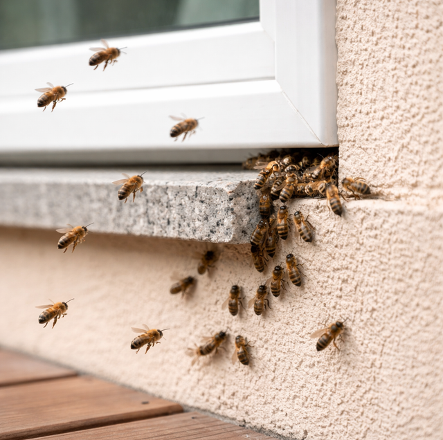 honeybees clustered at interior wall crack near windowsill