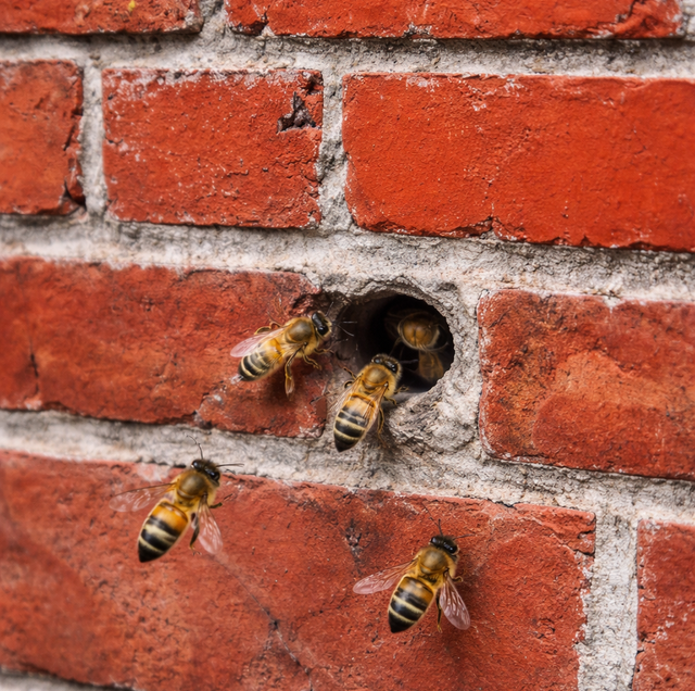 slate brick wall with bees entering open weep hole