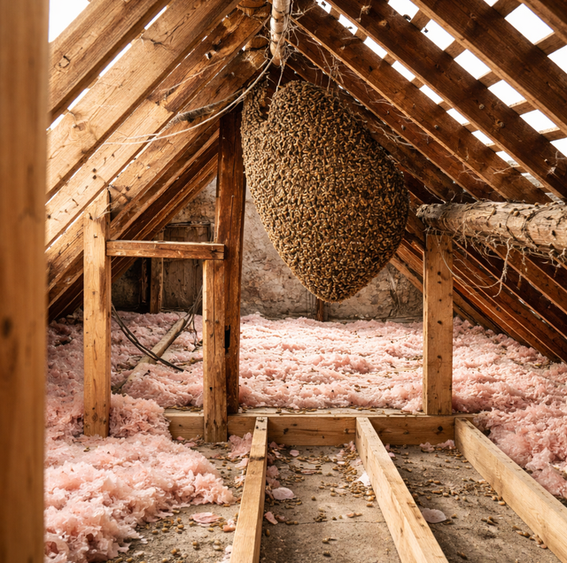 honeycomb in dark attic insulation under roof beams