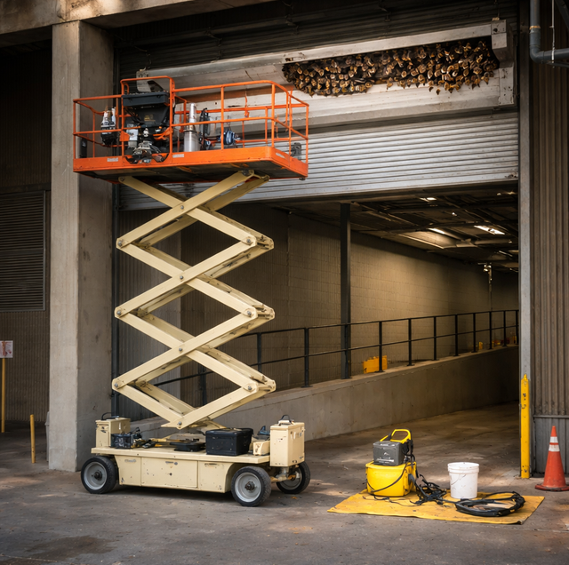 worker in scissor lift reaching high warehouse ceiling
