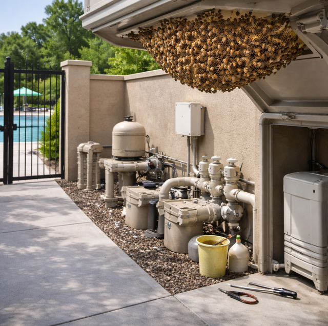 Swarm of honeybees clustering on community pool pump wall