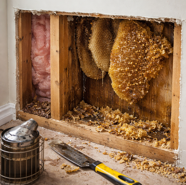 beekeeper in protective suit beside exposed wall honeycomb