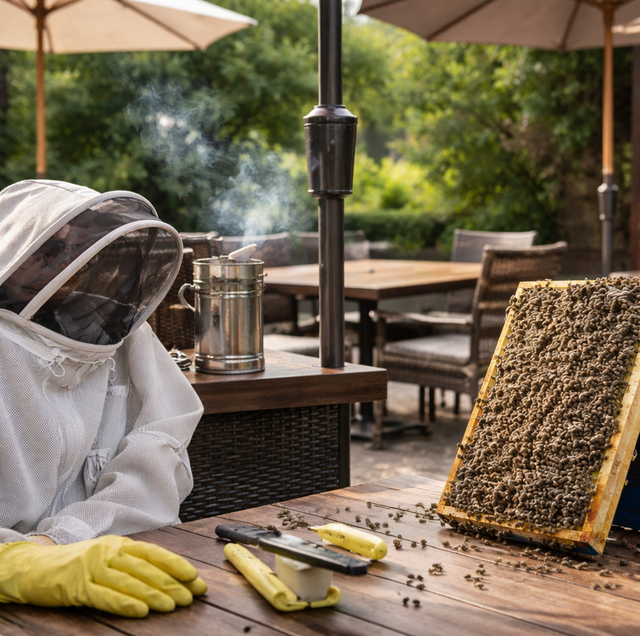 Bees swarming outdoor restaurant patio drink rail