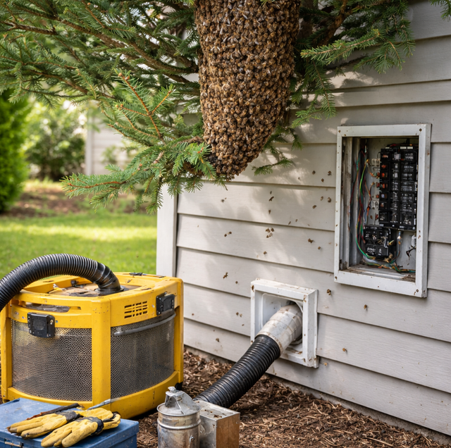 bee swarm clinging to wooden fence beside utility box