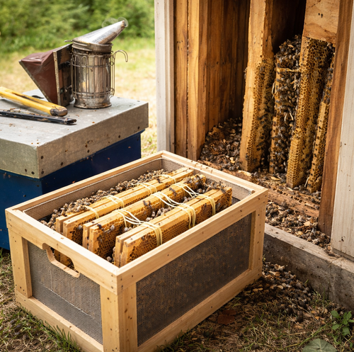 stacked colony frames banded with cut comb sections