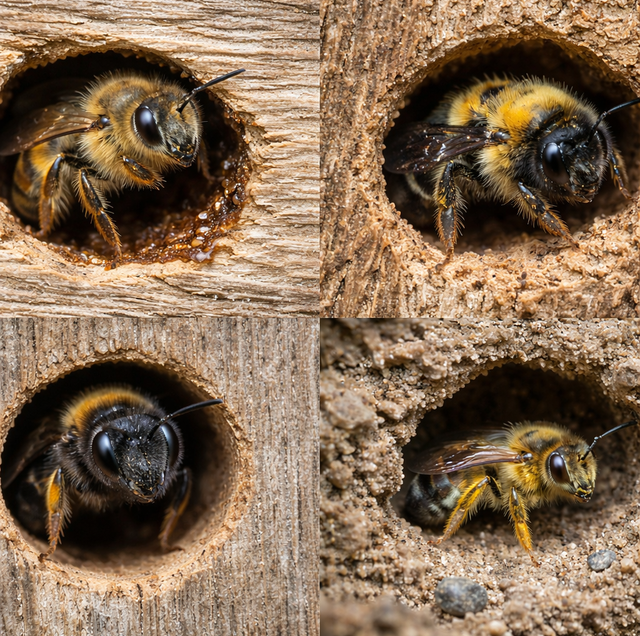 yellow and black striped bees resting on cinder block wall