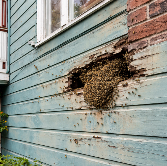 receding swarm of bees entering grey wooden siding