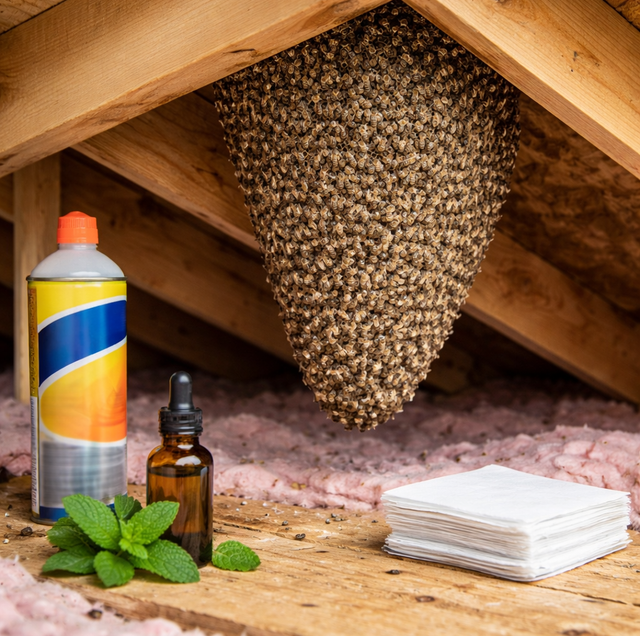 Honey bees circling wasp spray and peppermint oil bottles