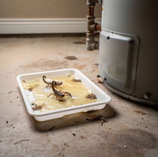 Scorpions trapped in a white tray with liquid on a dirty floor near a metal device and baseboard.