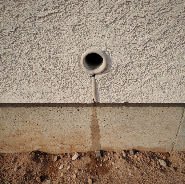 cracked grey sealant bead on stucco at weep hole