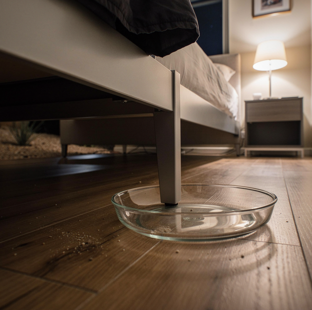 A beige upholstered bed with wooden legs sitting on a concrete floor, with a glass coaster under one leg.