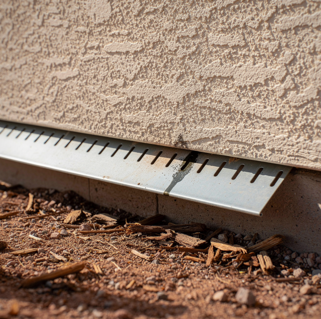 A measuring scale lies on dirt and debris next to a textured surface.