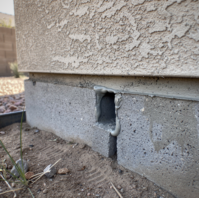 A metal drainpipe protrudes from a concrete foundation below a textured stucco wall near soil and grass.
