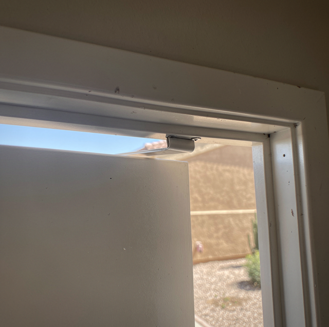 brown scorpion on door frame trim near ceiling gap