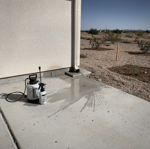 Concrete foundation blocks and steps along a stucco wall with gravel and a downspout.