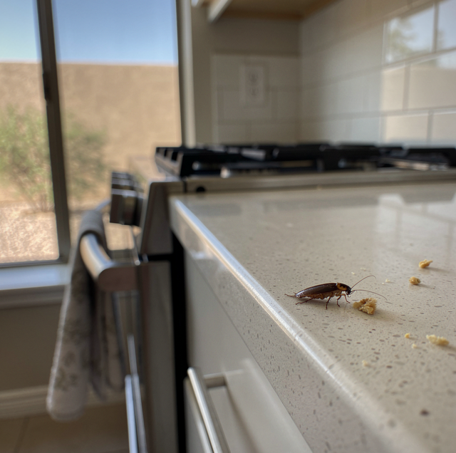 german and american cockroach side by side on kitchen tile
