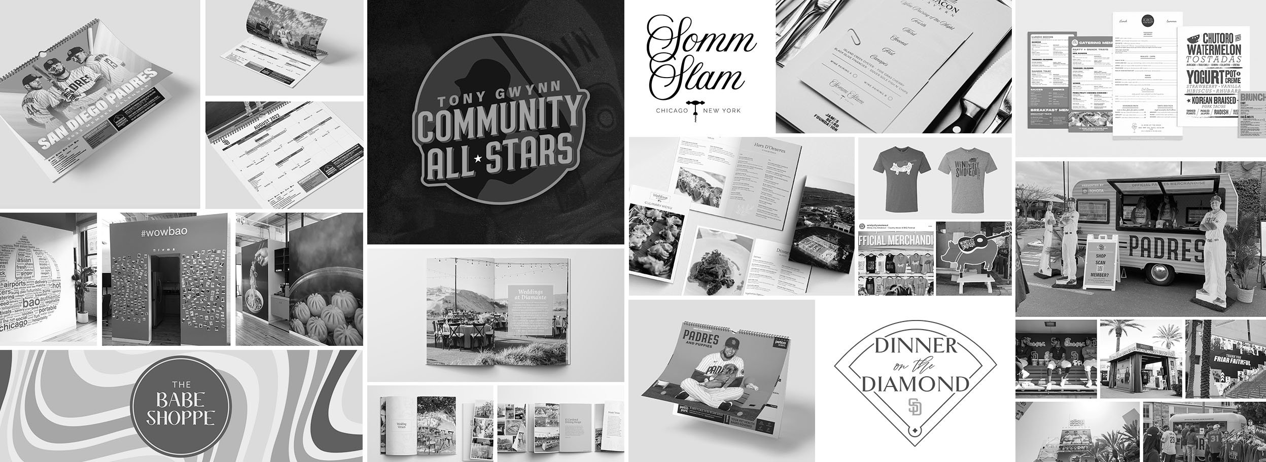 A collage of various black and white images, including menus, promotional posters, merchandise, event photos, and advertisements for different brands and events.