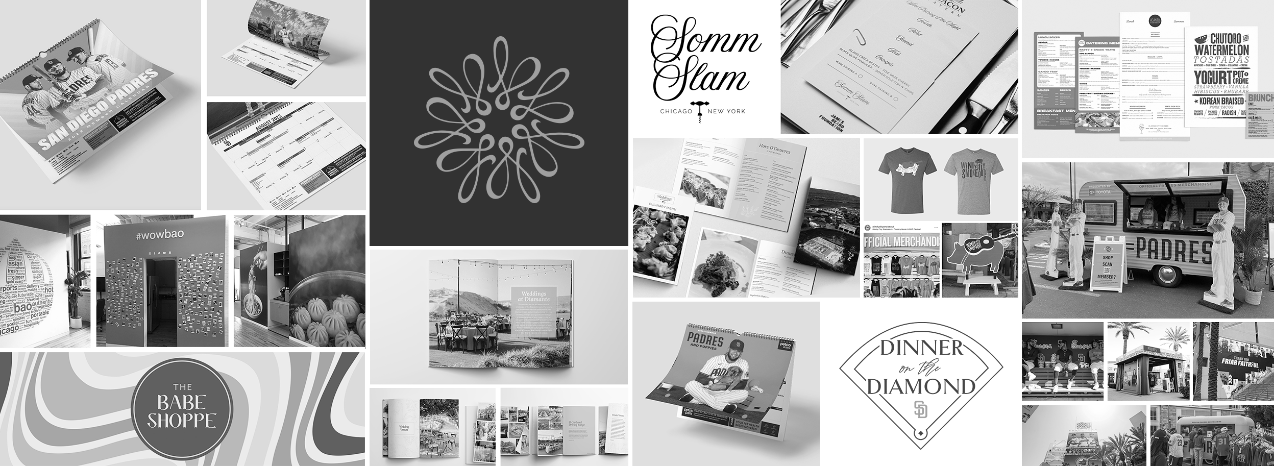 A collage of various marketing, event, and product displays including menus, flyers, posters, merchandise, and photos of food trucks and event setups.