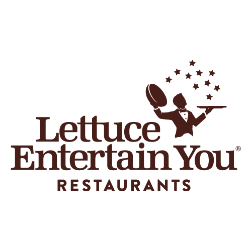 Logo for Lettuce Entertain You Restaurants featuring a stylized image of a person holding a plate of food, with stars surrounding the figure.