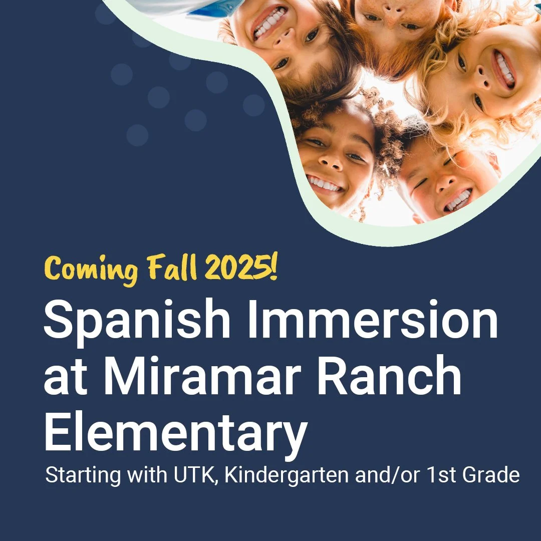 Smile of diverse children looking down at the camera with faces and curly hair. Announcement for Spanish immersion starting fall 2025 at Miramar Ranch Elementary for UTK, Kindergarten, or 1st grade.