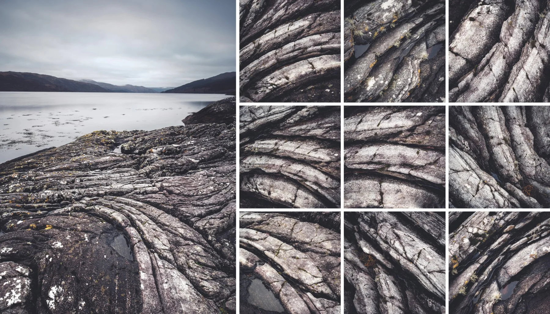 Dark rocks with curved grooves in them on the shore of Loch Sunart at Sàilean nan Cuileag | Sunart Scotland | Steven Marshall Photography