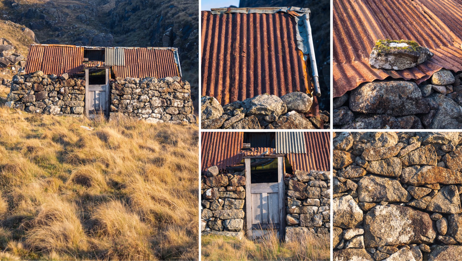 Close up, detail shots of a derelict stone croft building with a rusting red corrugated iron/tin roof sitting beneath the rocky slopes of Meall Sanna not far from the beach and sea | Ardnamurchan Scotland | Steven Marshall Photography