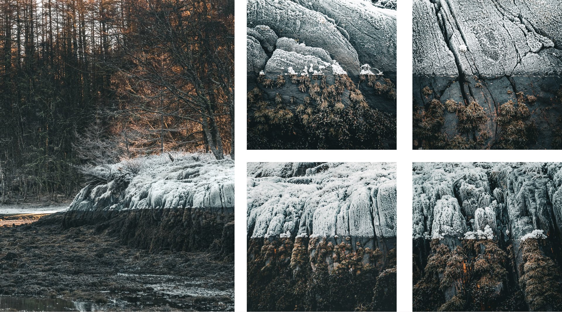 A tide line of white hoar frost left on black rocks of Sàilean nan Cuileag, or the Bay of Flies | Loch Sunart Scotland | Steven Marshall Photography