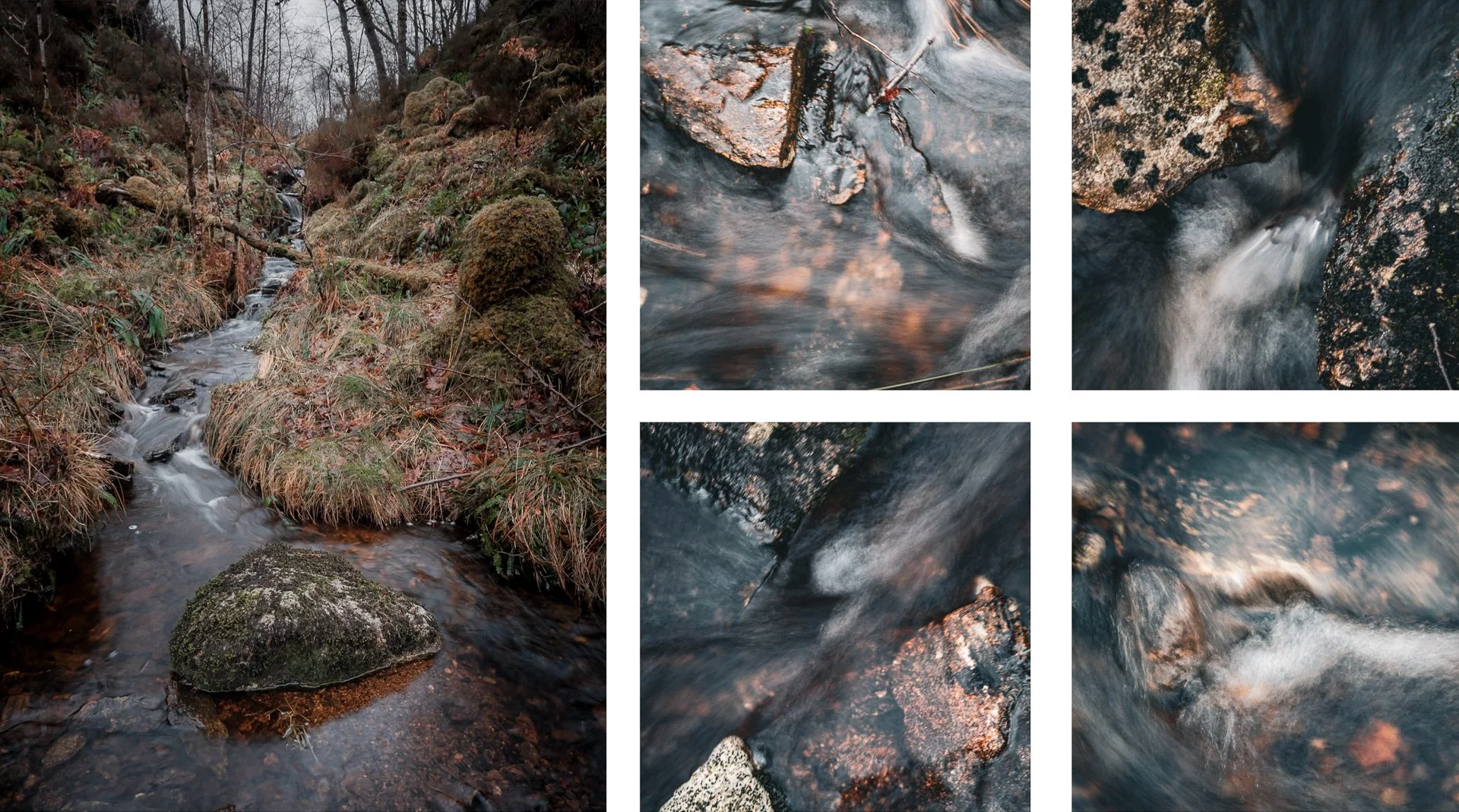 Water flowing over red tinged stones in a stream flowing through the woods at Sàilean nan Cuileag near Salen | Ardnamurchan, Scotland | Steven Marshall Photography