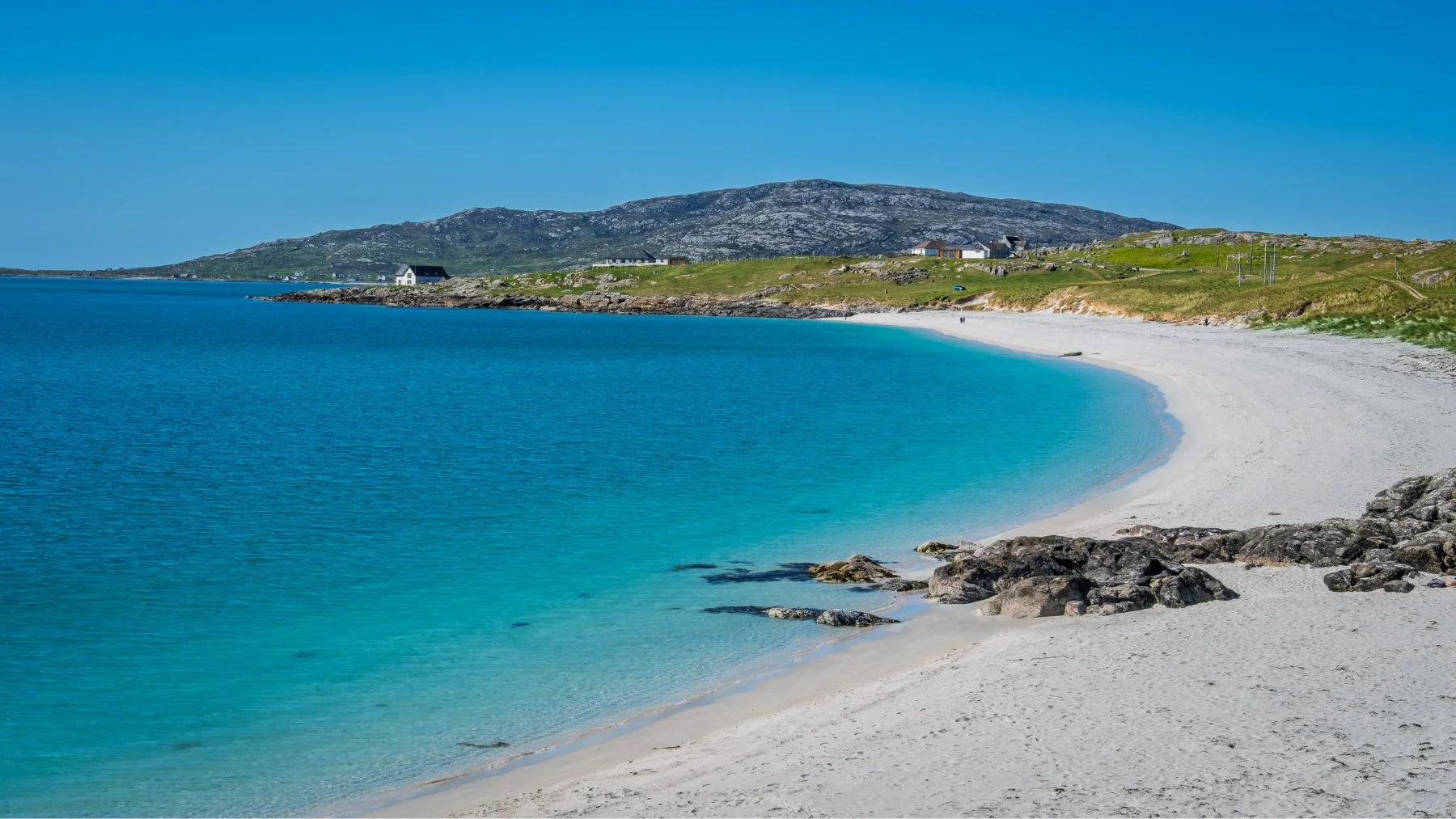 The white sands of Coilleag a Phrionnsa, Eriskay, known as the Prince’s Beach, fringed by crystal blue water and a clear blue sky | Outer Hebrides Scotland | Steven Marshall Photography
