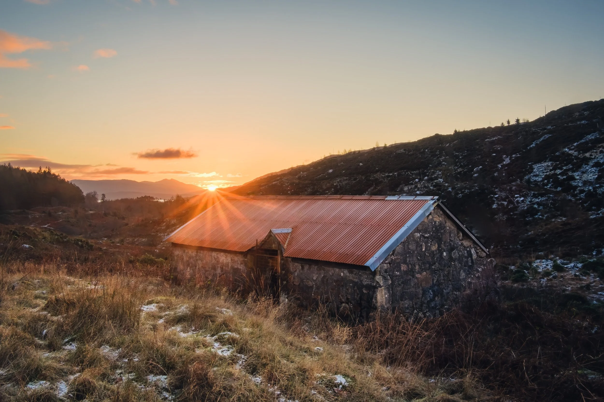 The old byre at Tigh Ghardail catching the first light as the Sun rises from behind the southern flank of Ben Cruachan | Ardgour Scotland | Steven Marshall Photography