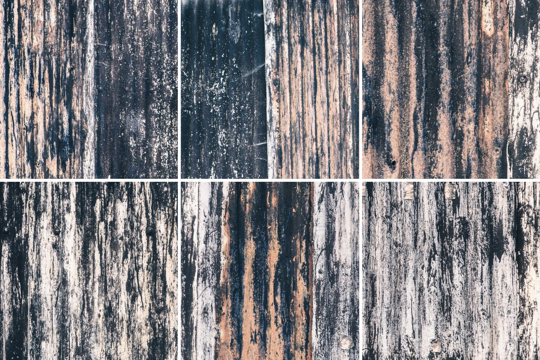 A set of six close up images of a black painted dilapidated and rusting corrugated tin/iron walls of an agricultural building | Anaheilt Strontian Ardnamurchan Scotland | Steven Marshall Photography