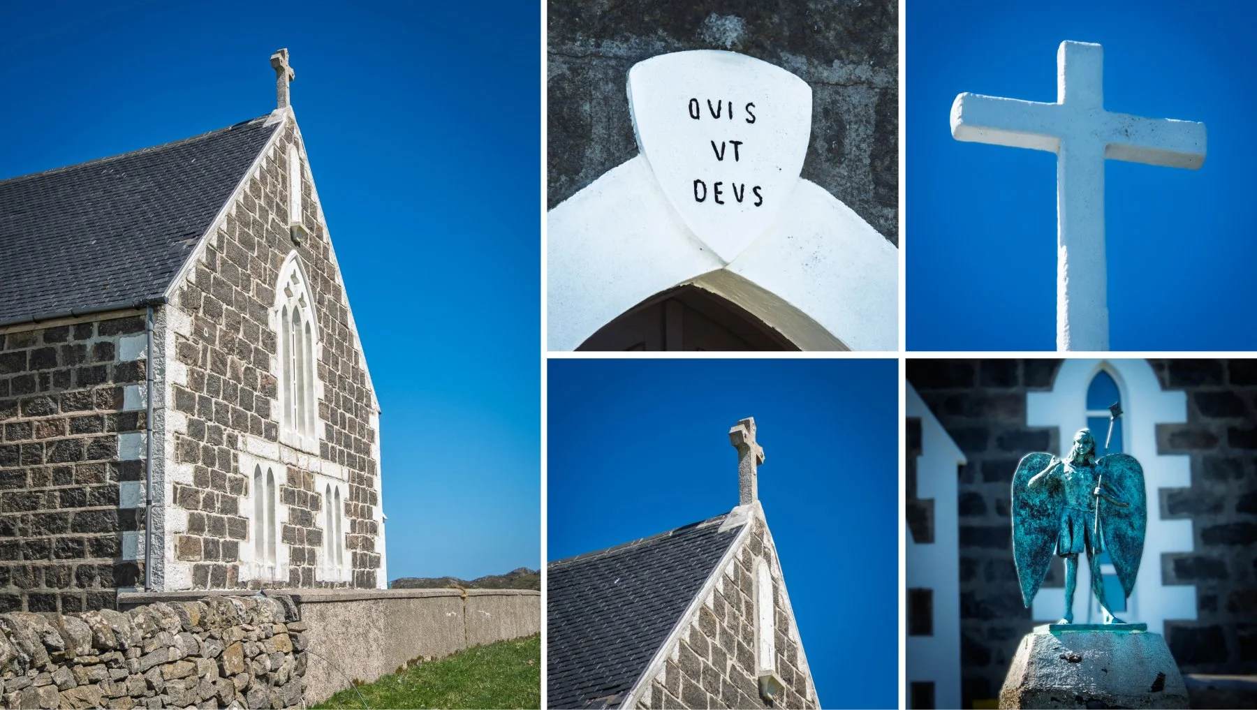 Close up images of Saint Michael’s Church on the Isle of Eriskay under a bright blue sky | Outer Hebrides Scotland | Steven Marshall Photography