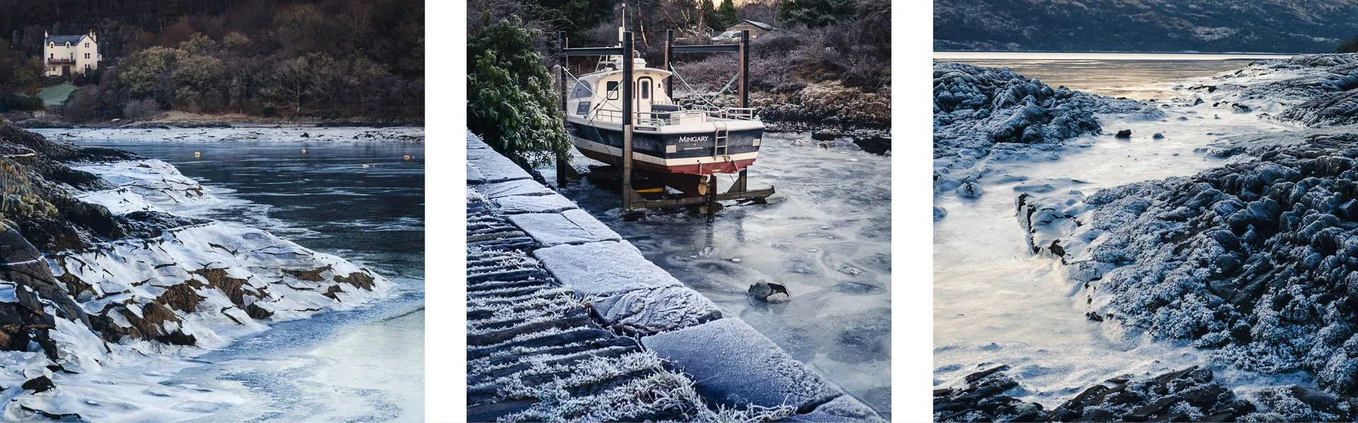 The rocky shore of Salen Bay with ice on rocks and a frozen Loch Sunart | Ardnamurchan Scotland | Steven Marshall Photography