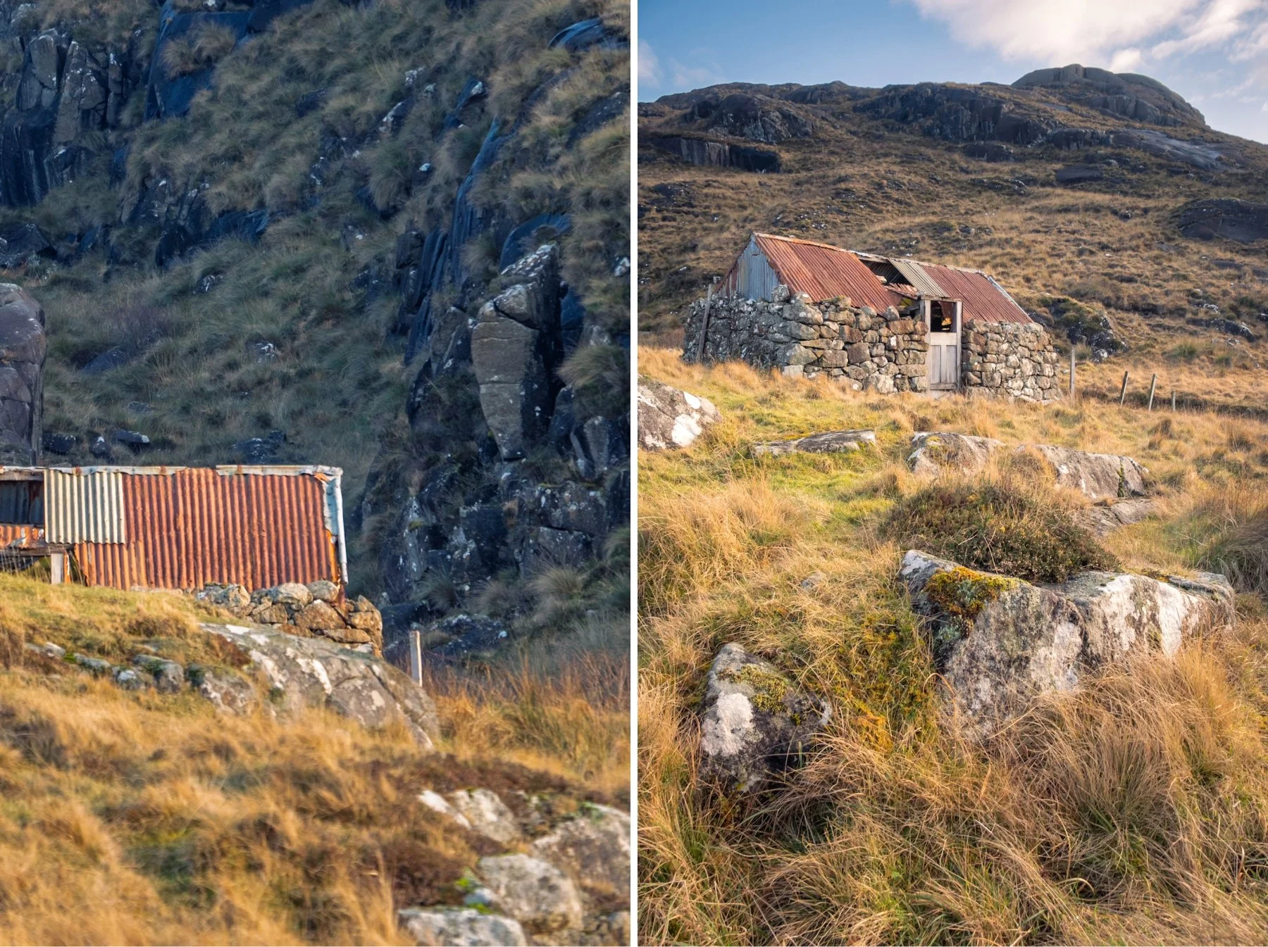 A derelict stone croft building with a rusting red corrugated iron/tin roof sitting beneath the rocky slopes of Meall Sanna not far from the beach and sea | Ardnamurchan Scotland | Steven Marshall Photography