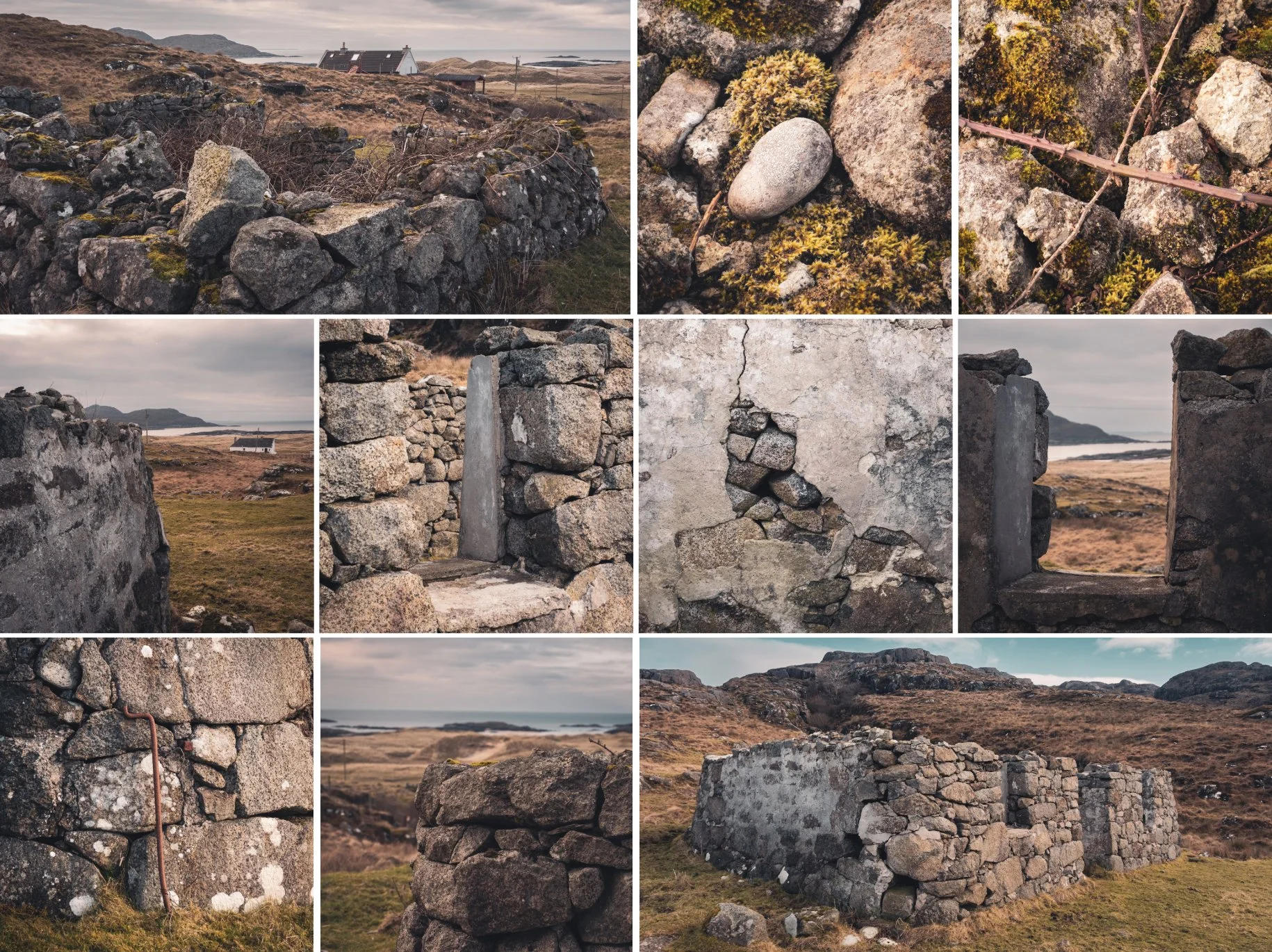 A collage of images showing the detail of abandoned and derelict stone croft houses that sit on the slopes of Meall Sanna not far from the beach and sea | Ardnamurchan Scotland | Steven Marshall Photography