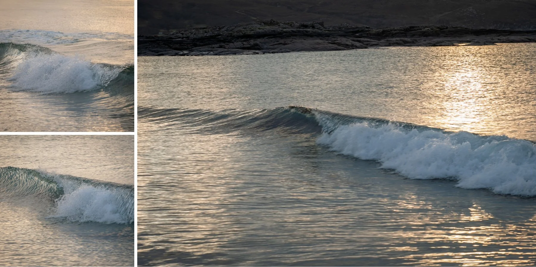 Sunset colours of gold reflected in the waves coming ashore on the beach at Sanna | Ardnamurchan Scotland | Steven Marshall Photography