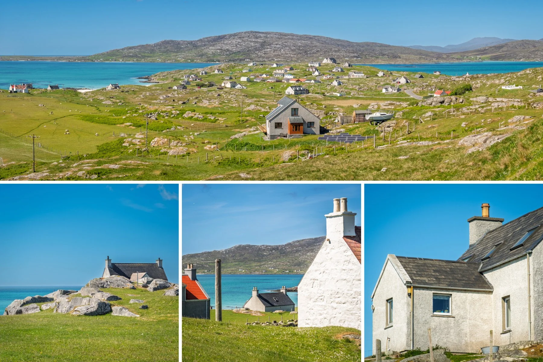 The houses of Am Baile and Rubha Bhan, the main crofting settlements on Eriskay under a bright blue sky | Outer Hebrides Scotland | Steven Marshall Photography