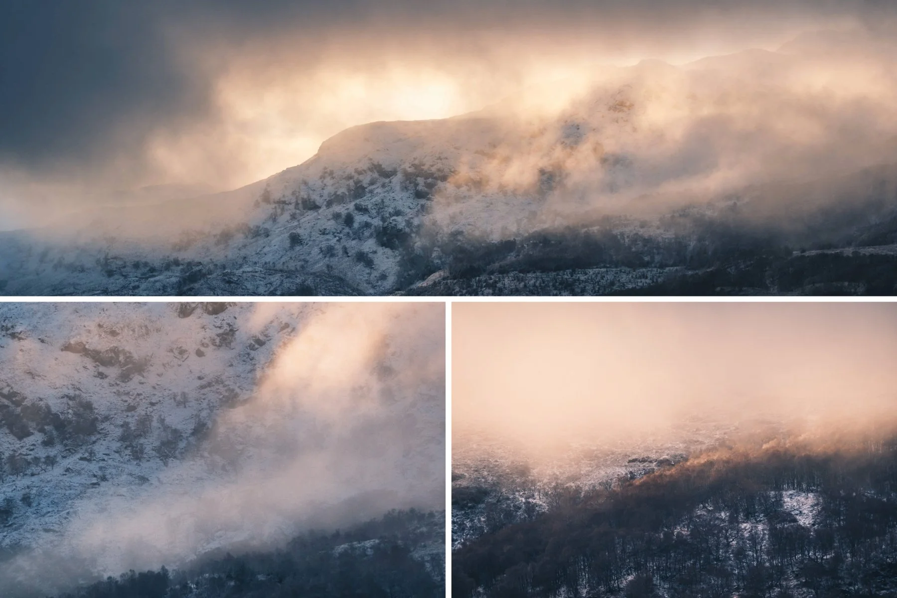 Golden winter morning light breaks through thick low cloud above the snow-covered hills of Morvern. Taken at Resipole. | Sunart Scotland | Steven Marshall Photography