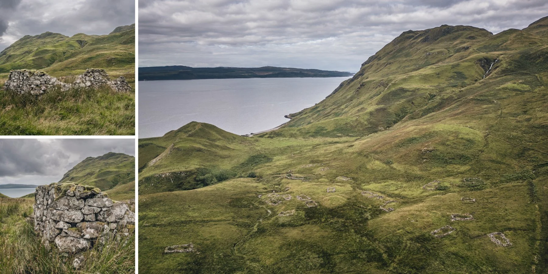 Ruins of croft houses by the sea and beneath Ben Hiant in the Scottish Highlands | Bourblaige Cleared Settlement, Ardnamurchan, Scotland | Steven Marshall Photography