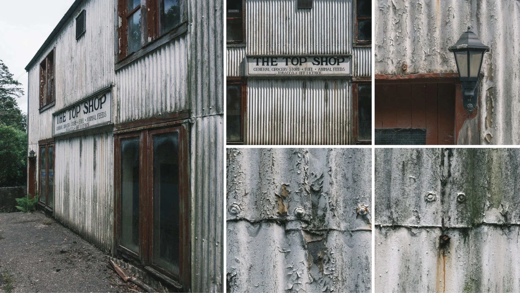 Close up images of a white painted, corrugated tin/iron building called the Top Shop with a rusting roof | Acharacle Ardnamurchan Scotland | Steven Marshall Photography