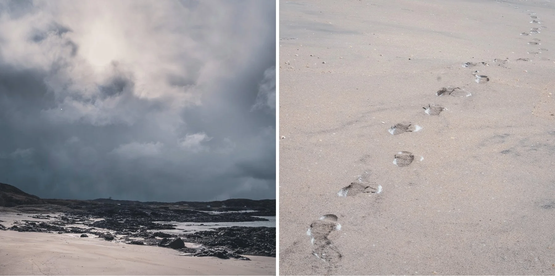 Storm clouds approaching the beach at Port na Carraidh (Bay MacNeil) and snow in footprints on the sand | Ardnamurchan Scotland | Steven Marshall Photography