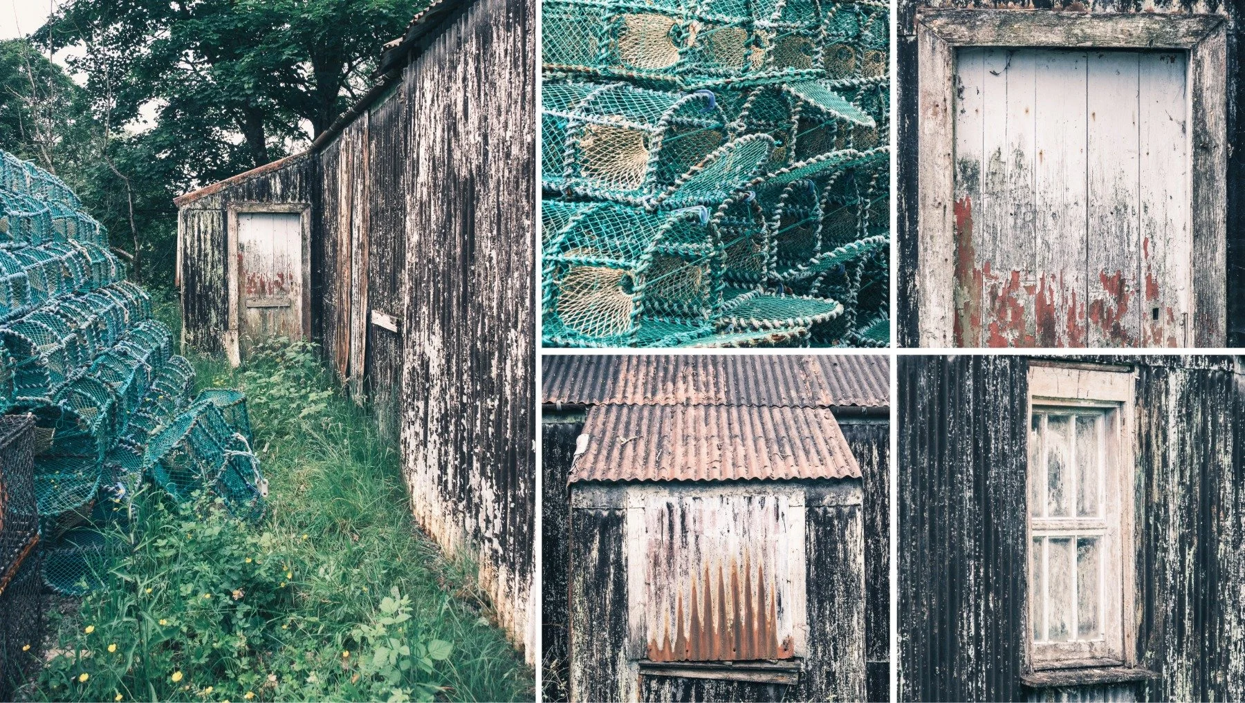 Close up images of a black painted dilapidated and rusting corrugated tin/iron agricultural building with a fishing boat and creels in front of it | Anaheilt Strontian Ardnamurchan Scotland | Steven Marshall Photography