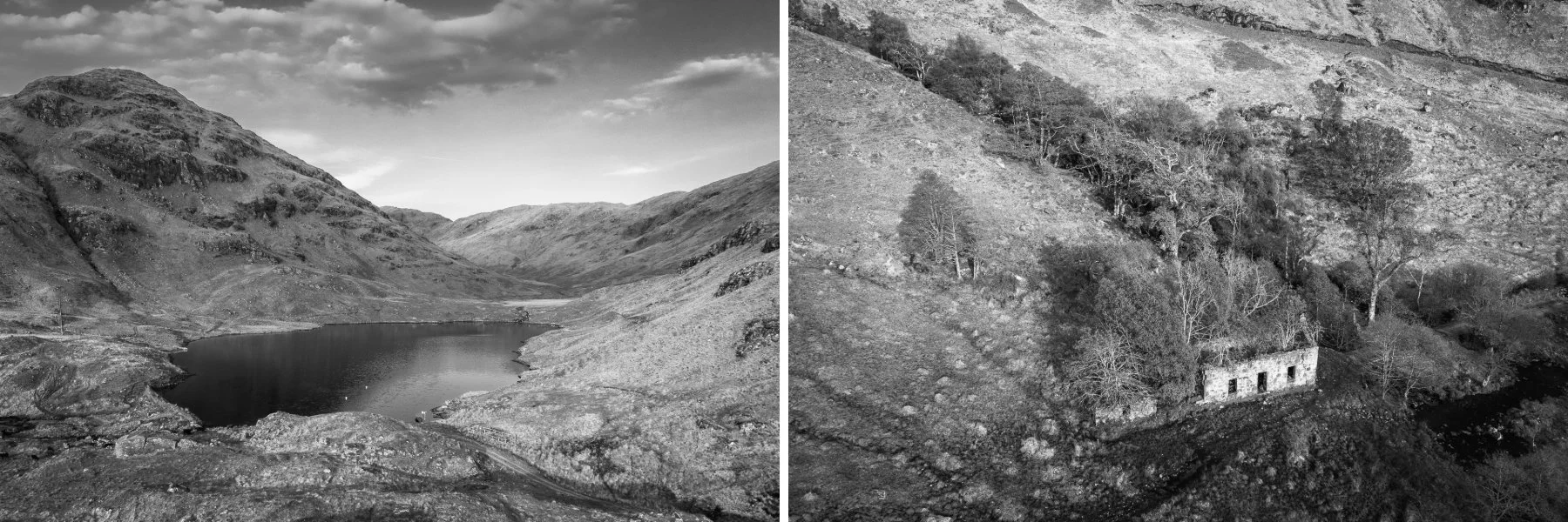 An aerial view of Loch Forslan and the ruins of croft buildings in the trees at Glenforslan | Glen Moidart Scotland | Steven Marshall Photography