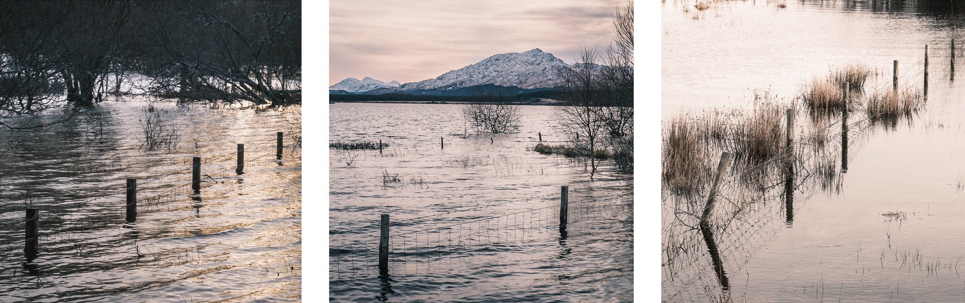 Submerged fence posts in the flooded fields around the edge of Loch Shiel in Acharacle | Ardnamurchan, Scotland | Steven Marshall Photography