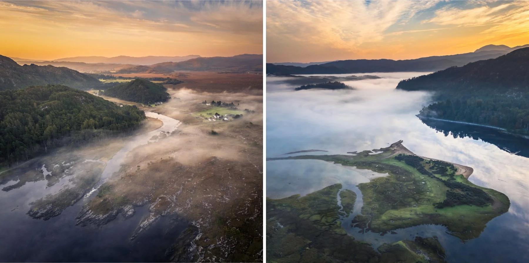 An aerial view of a misty morning sunrise looking over Shielfoot and Dorlin | Moidart Ardnamurchan Scotland | Steven Marshall Photography